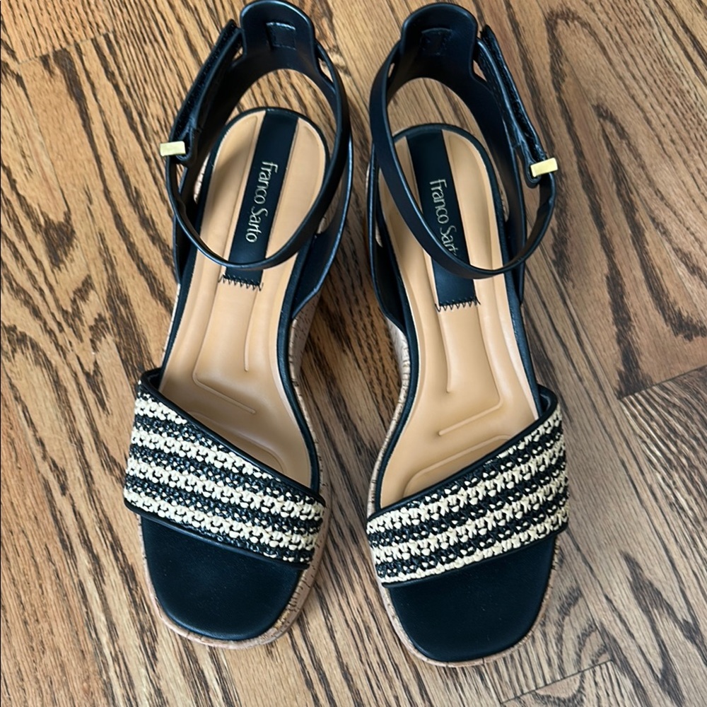 Frank Sarto platform black/tan raffia sandals- size 7.5